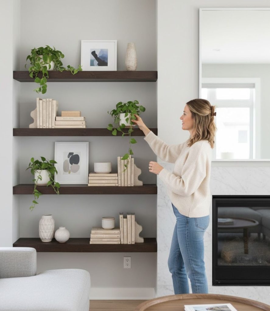 Use Floating Shelves to Frame the Fireplace