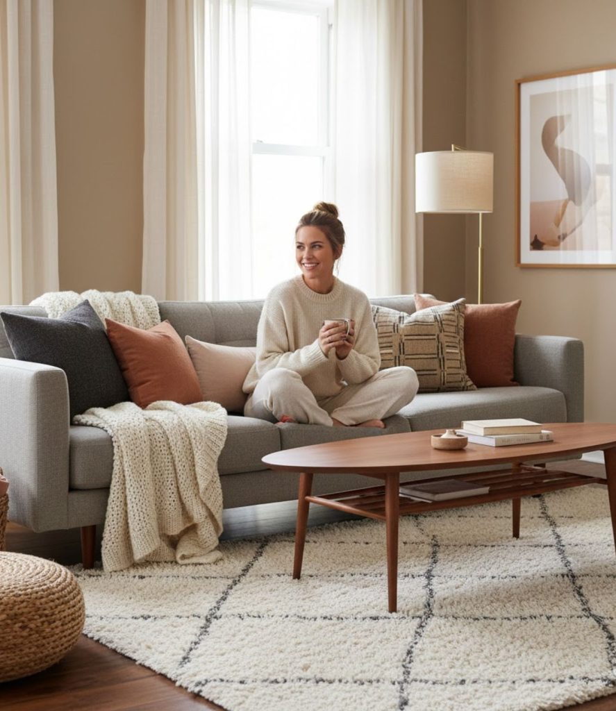 Layer Textures with Rugs, Cushions, and Throws