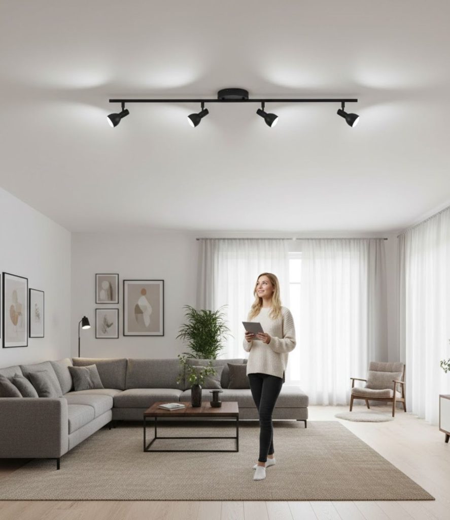 Adjustable multi-head track lighting for full-room coverage