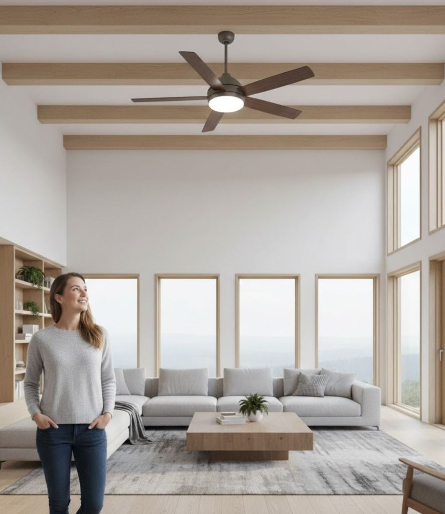 High ceiling living room lighting ideas using ceiling fan lights