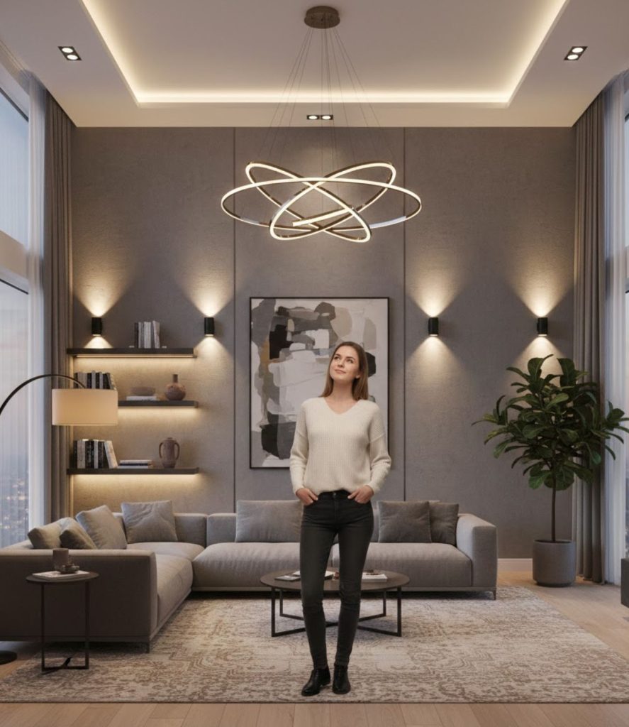 High ceiling living room lighting ideas using mixed lighting zones