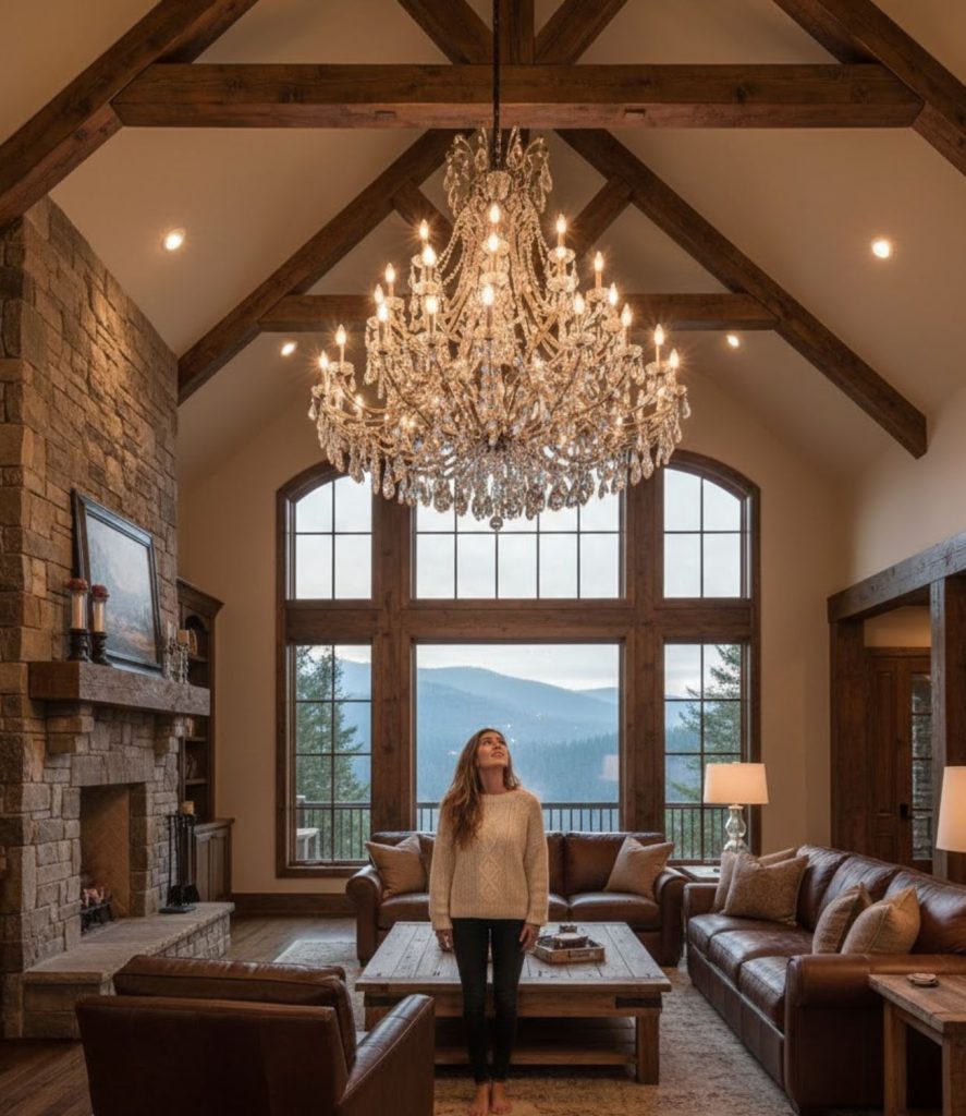  High ceiling living room lighting ideas using oversized chandeliers