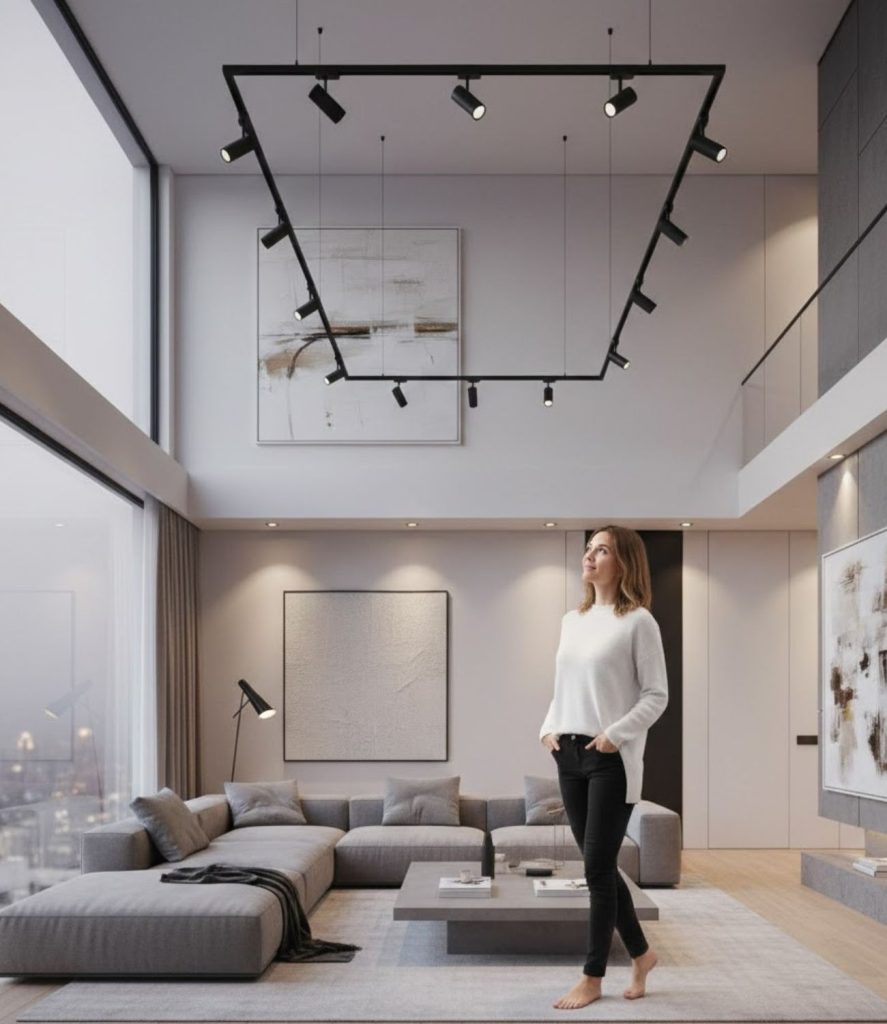 High ceiling living room lighting ideas using spotlight tracks