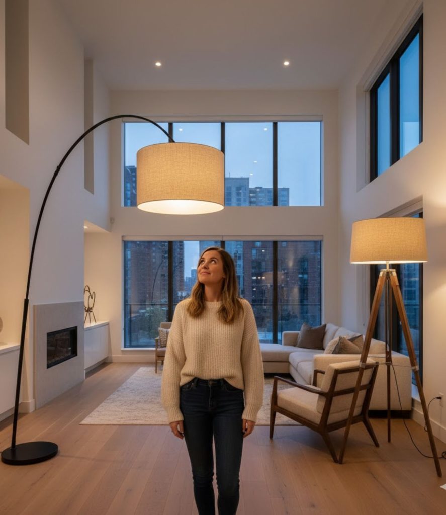  High ceiling living room lighting ideas using tall floor lamps