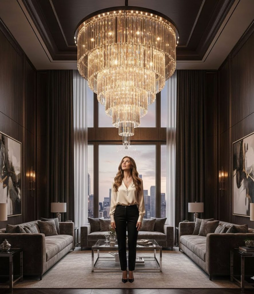  High ceiling living room lighting ideas with cascading crystal lighting