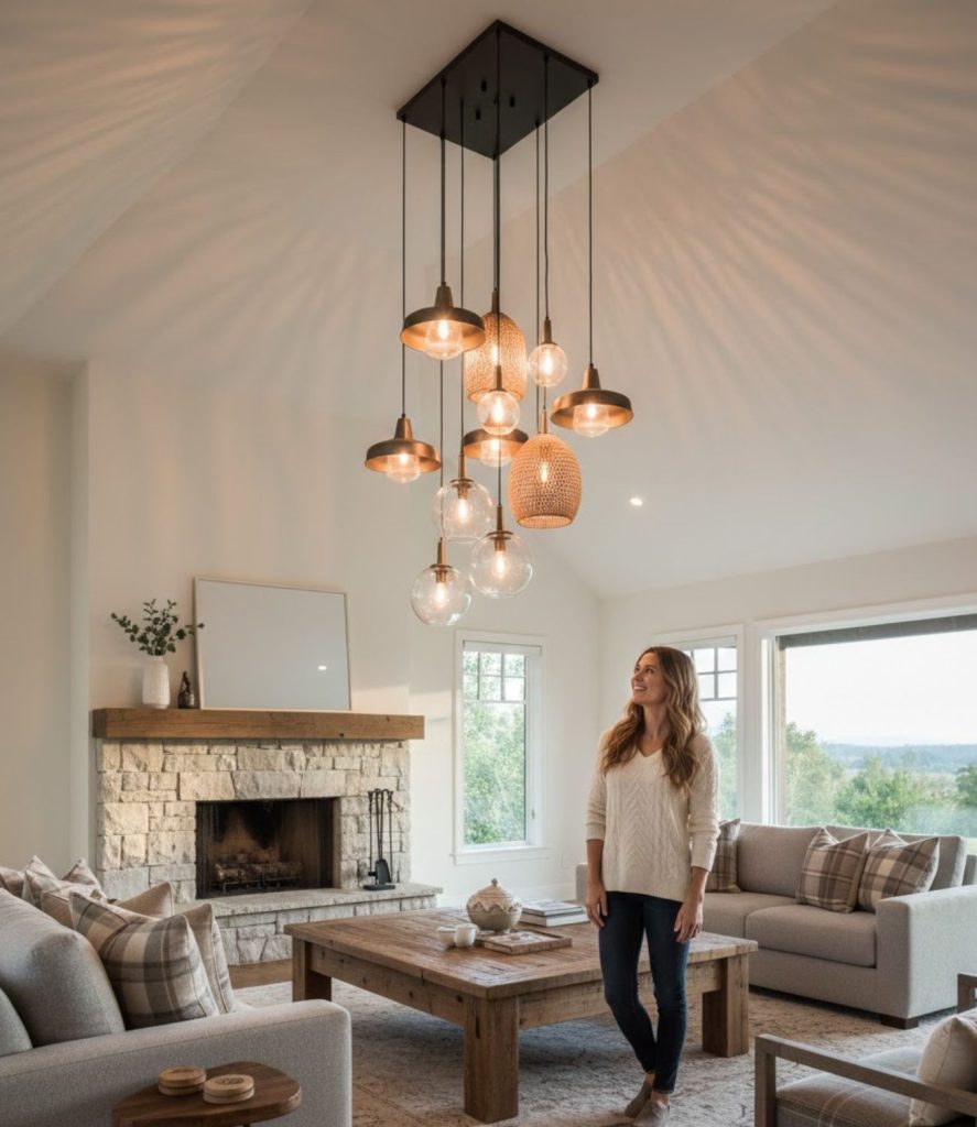  High ceiling living room lighting ideas with layered pendant clusters