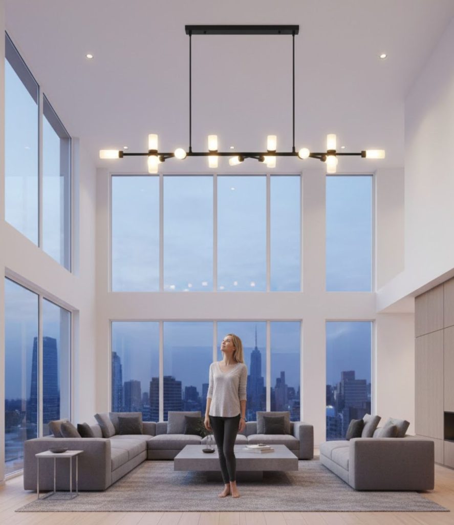 High ceiling living room lighting ideas with modern linear chandeliers
