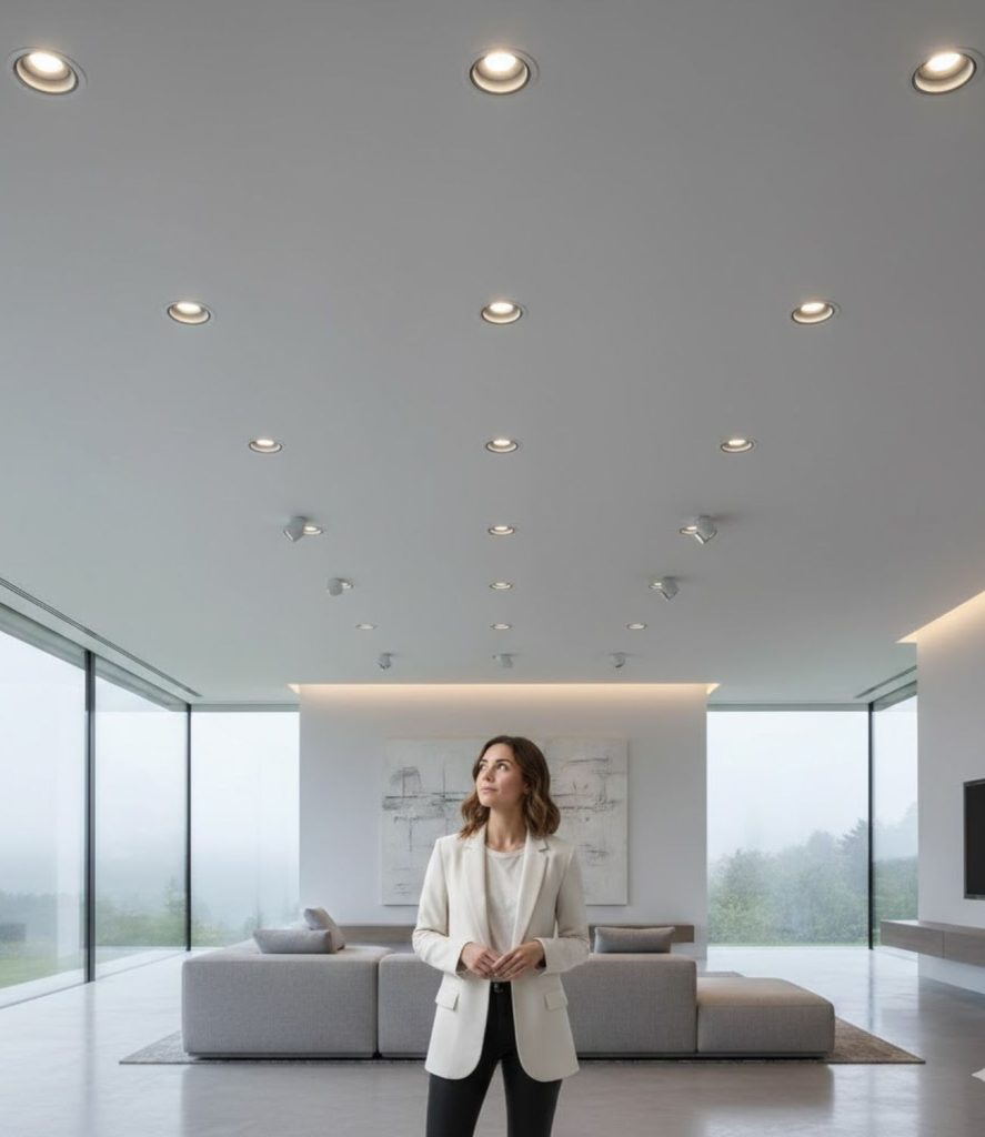 High ceiling living room lighting ideas with recessed ceiling lights