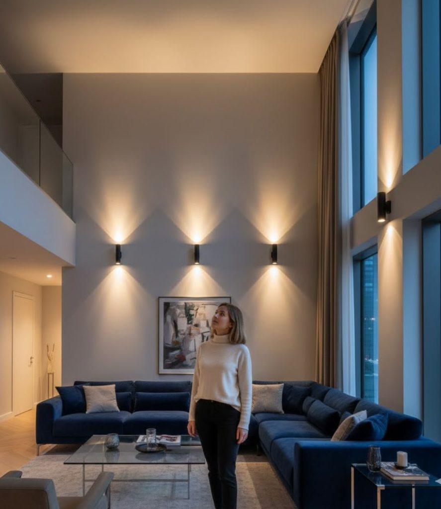 High ceiling living room lighting ideas with wall sconces