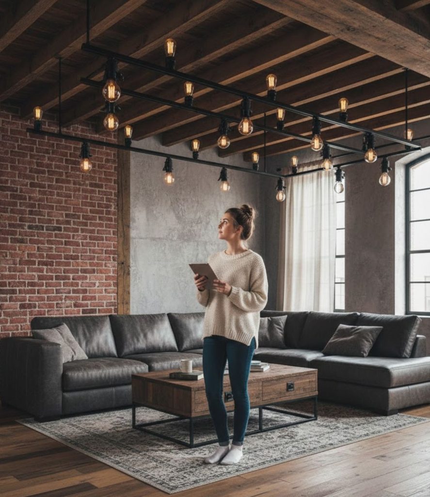Industrial-style track lighting with exposed bulbs