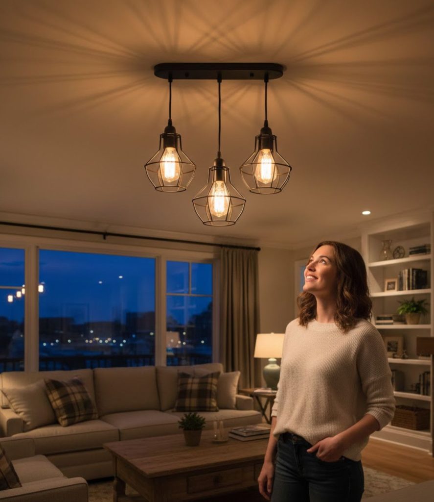High ceiling living room lighting ideas using vertical LED strip lighting