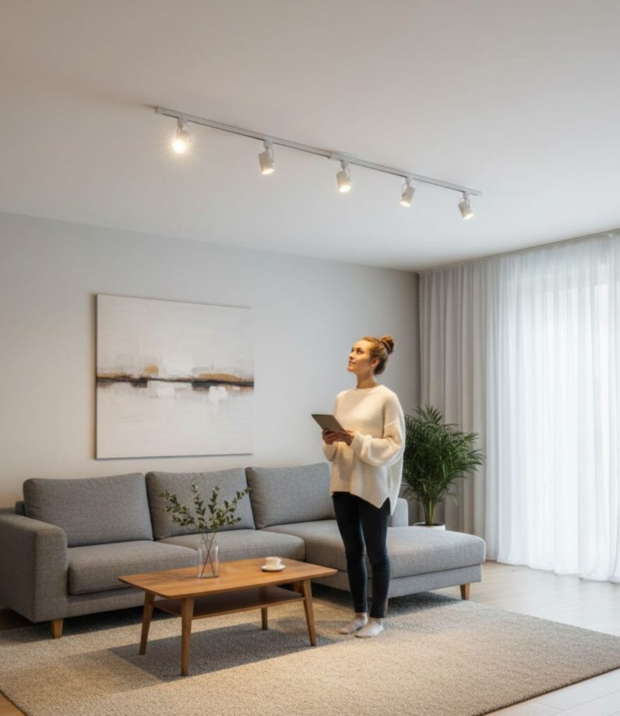 Linear track lighting above the main seating area