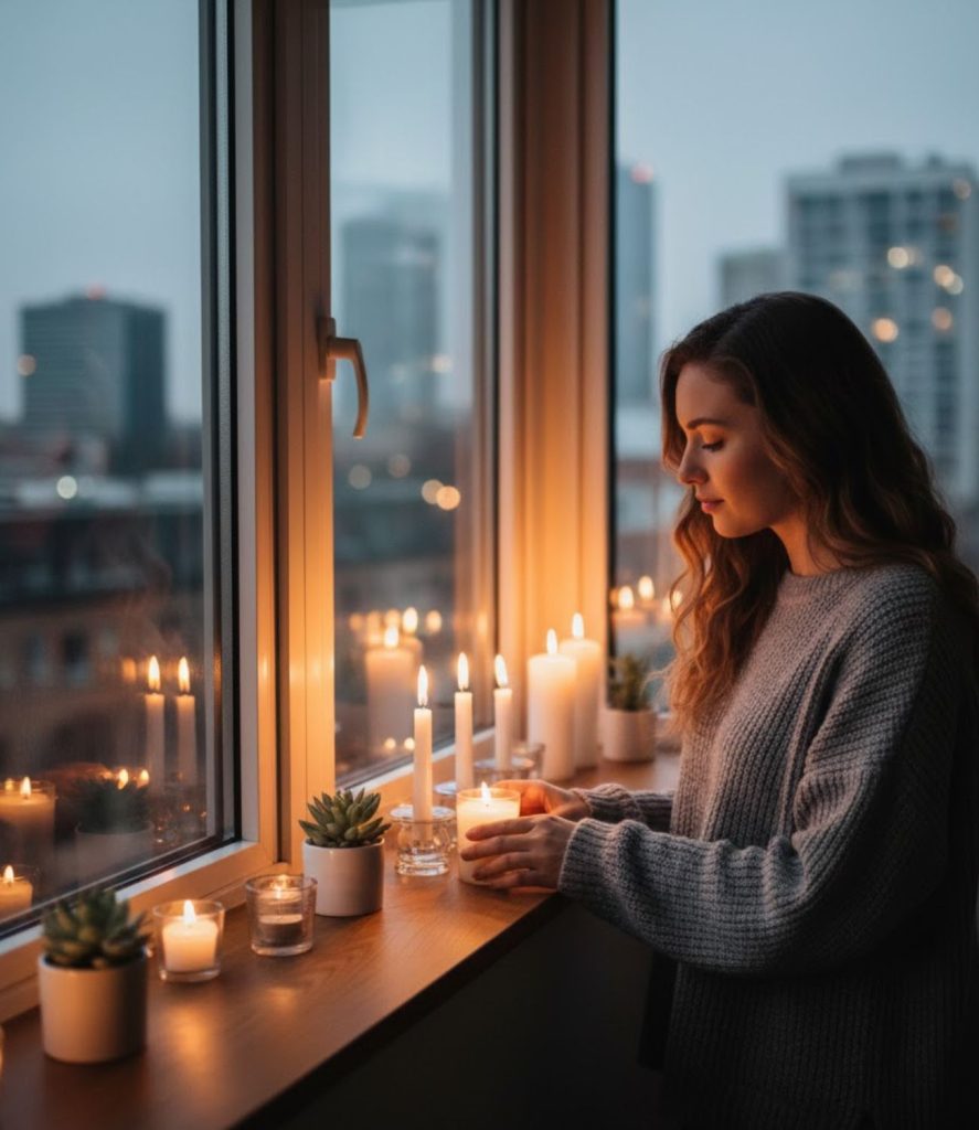 Living room candle lighting ideas for window sill displays