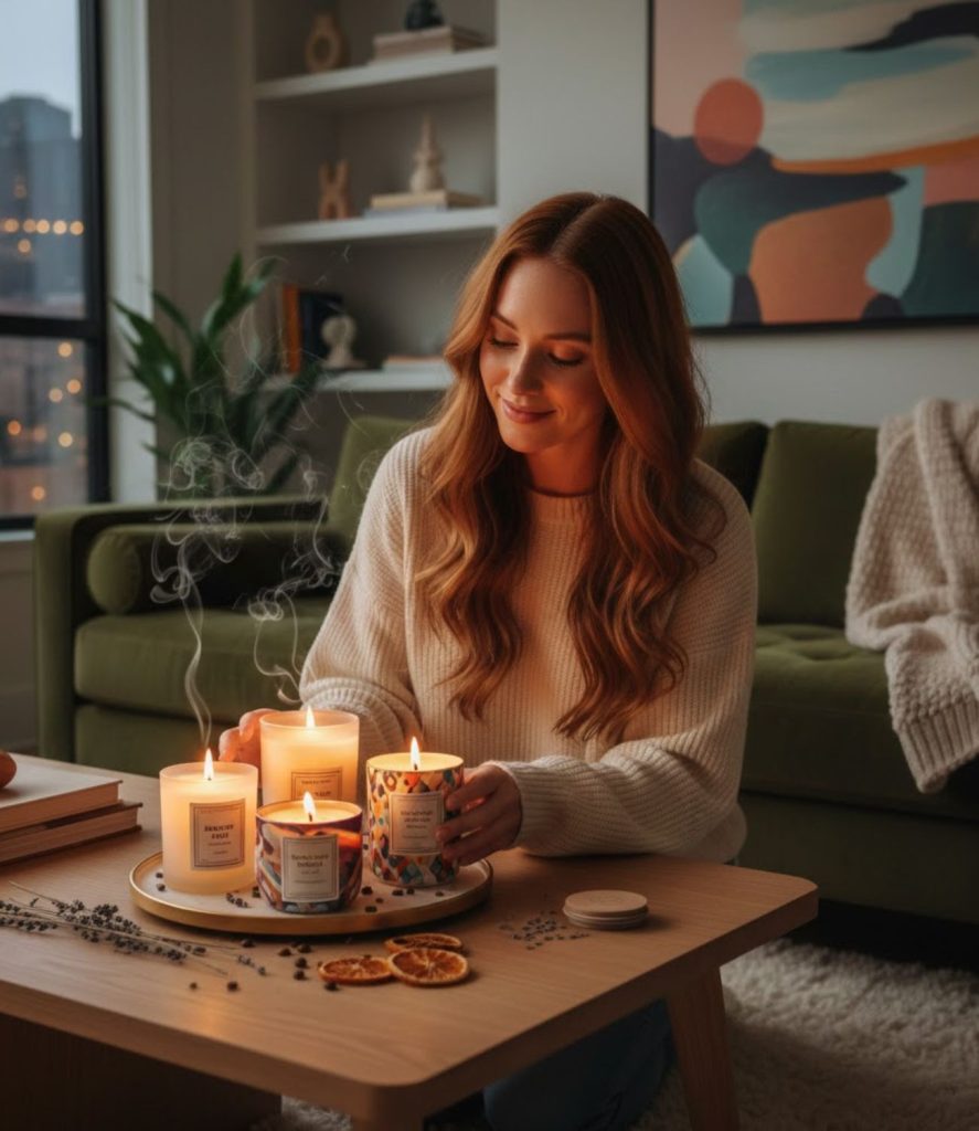 Living room candle lighting ideas using a cluster of scented candles