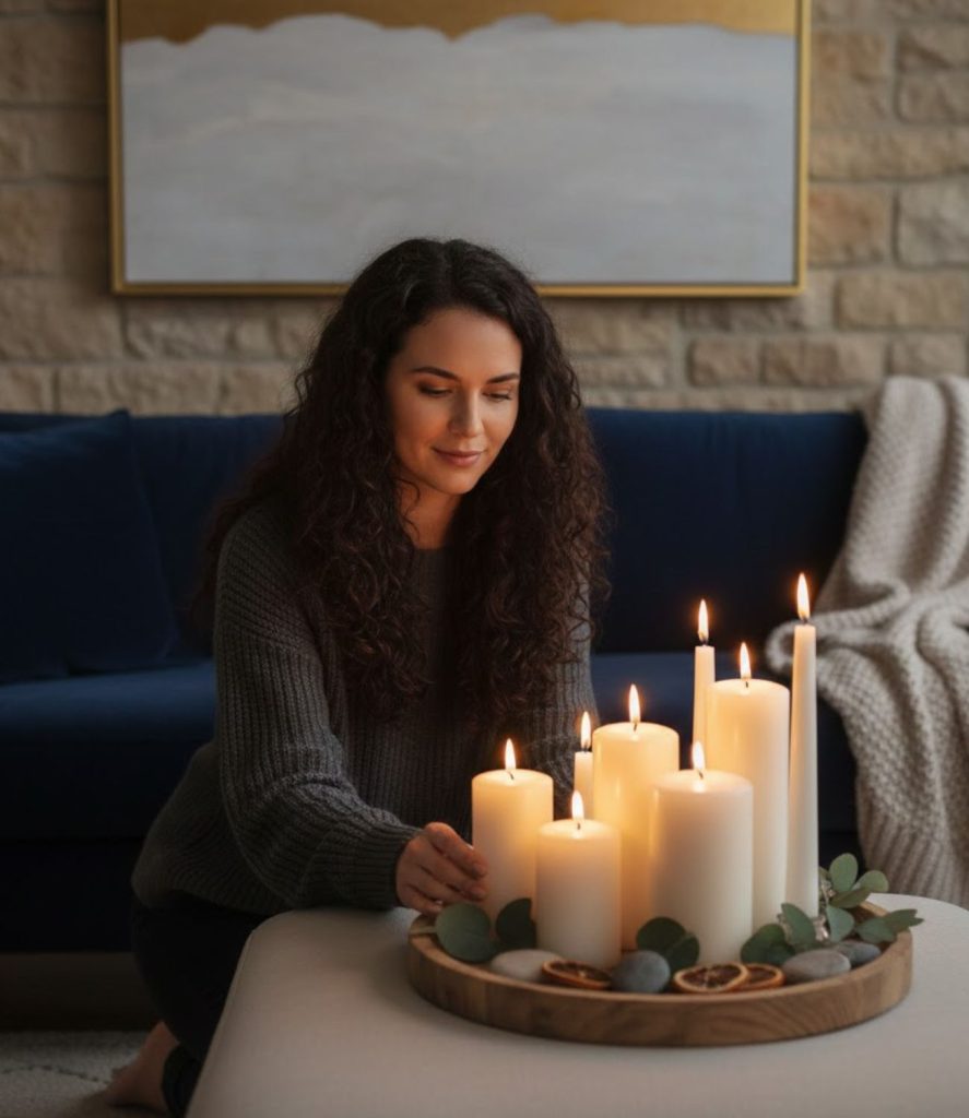 Living room candle lighting ideas using a statement candle centerpiece