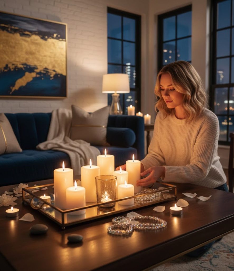 Living room candle lighting ideas using mirrored trays