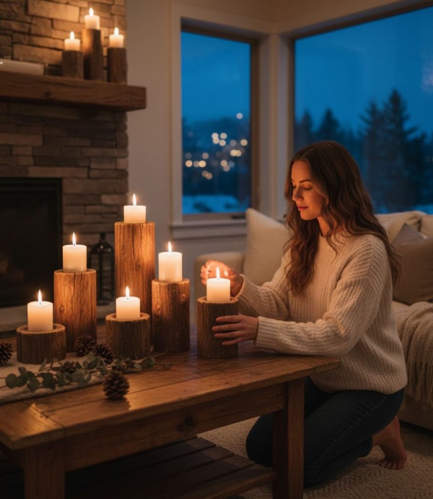  Living room candle lighting ideas using rustic wooden holders