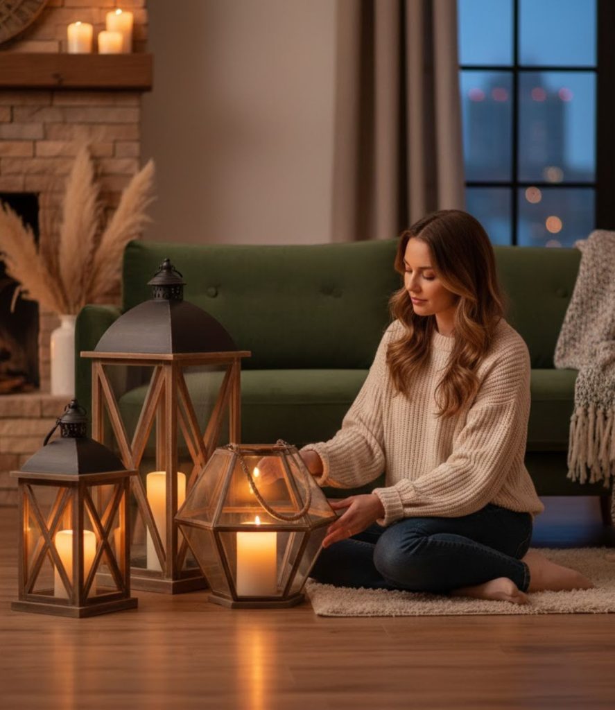 Living room candle lighting ideas with lantern-style candle arrangements