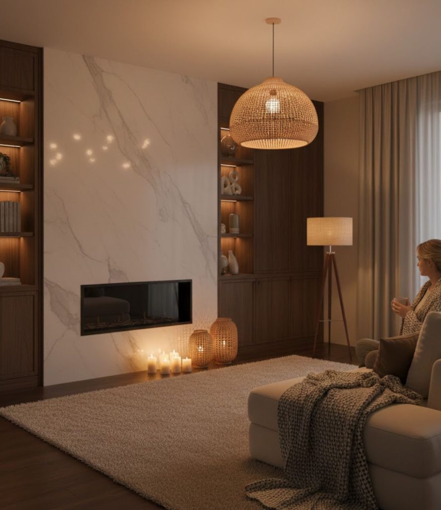 Mix Materials Like Wood, Rattan, and Fabric for a Warm Look