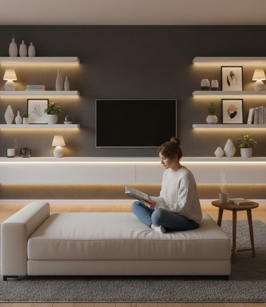Place Lamps on Floating Shelves for Soft Accent Lighting