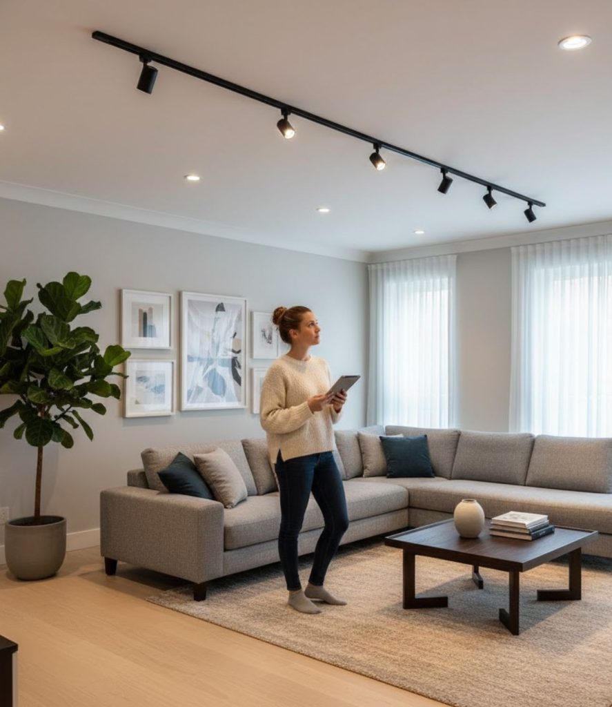 Track lighting combined with recessed lights for layered illumination