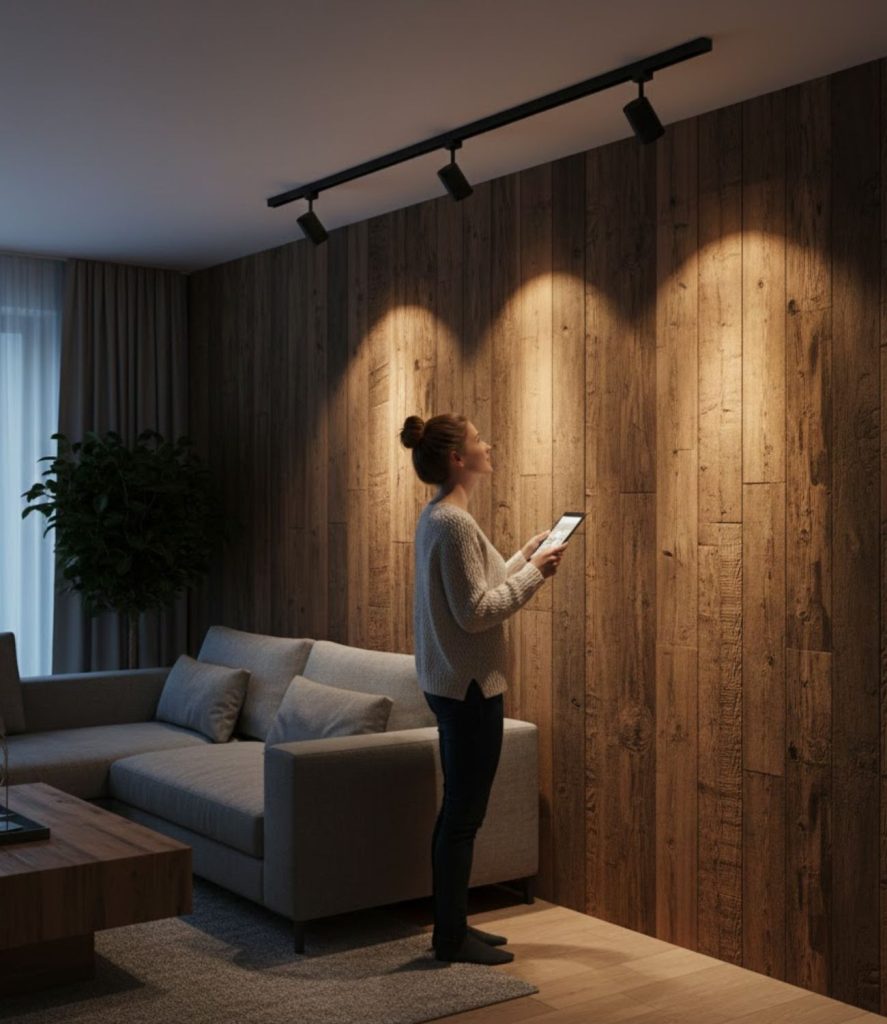 Track lighting focused on a textured accent wall
