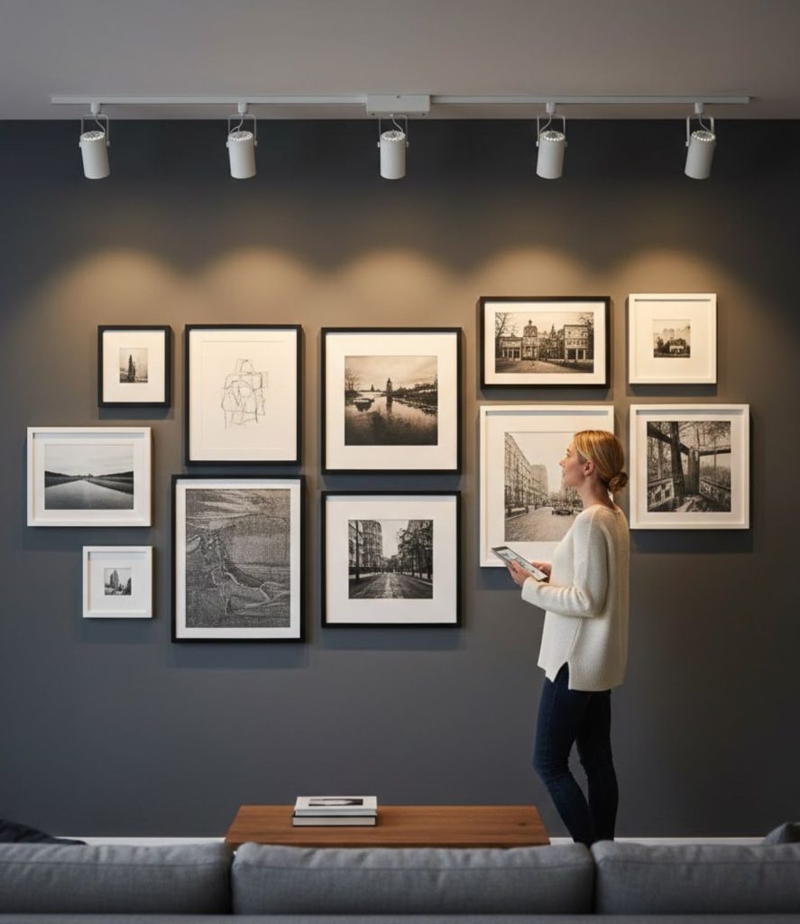 Track lighting highlighting a gallery wall