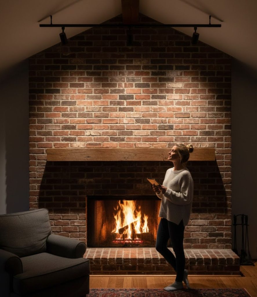  Track lighting illuminating a fireplace feature wall
