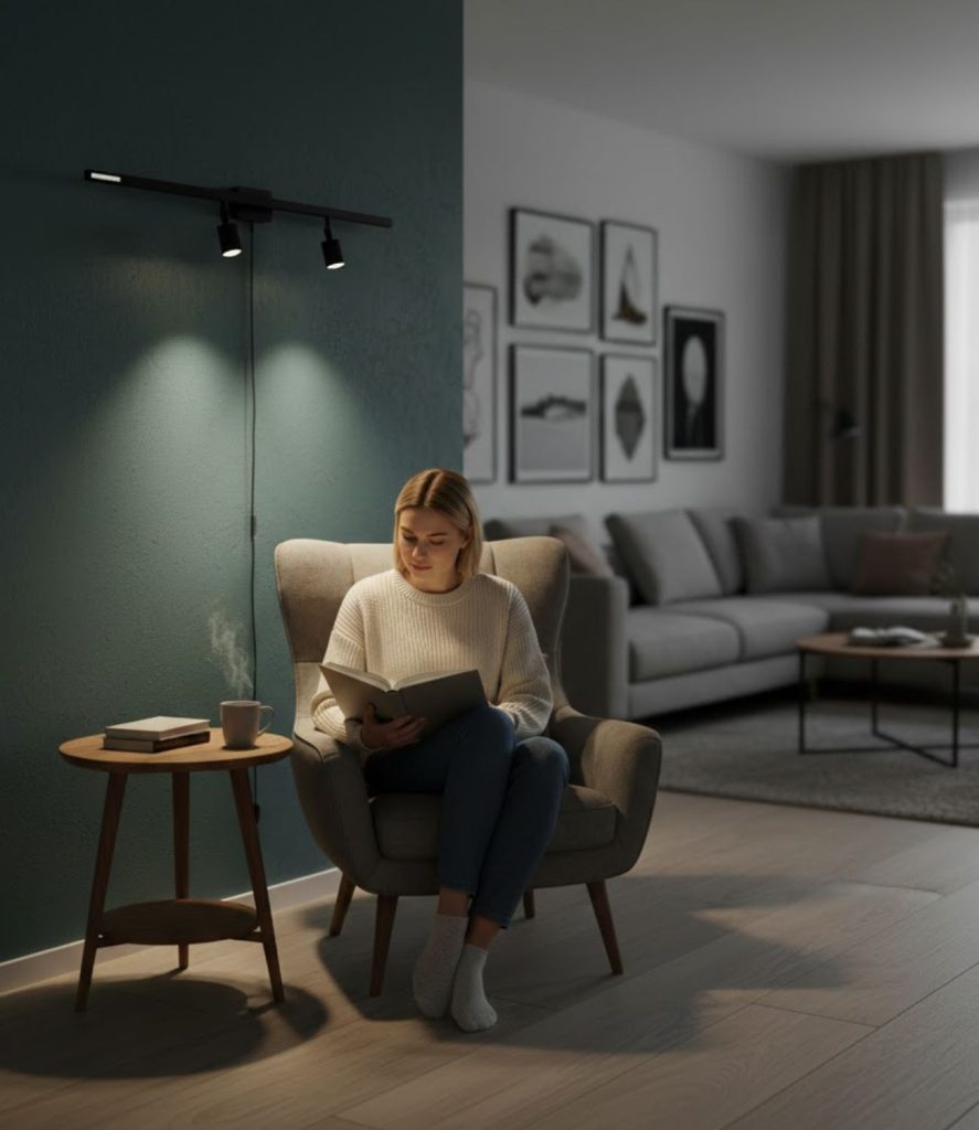 Track lighting over a reading nook