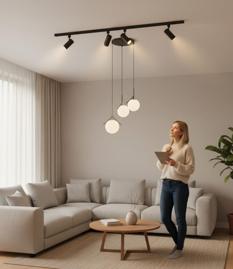  Track lighting paired with pendant lights for visual depth