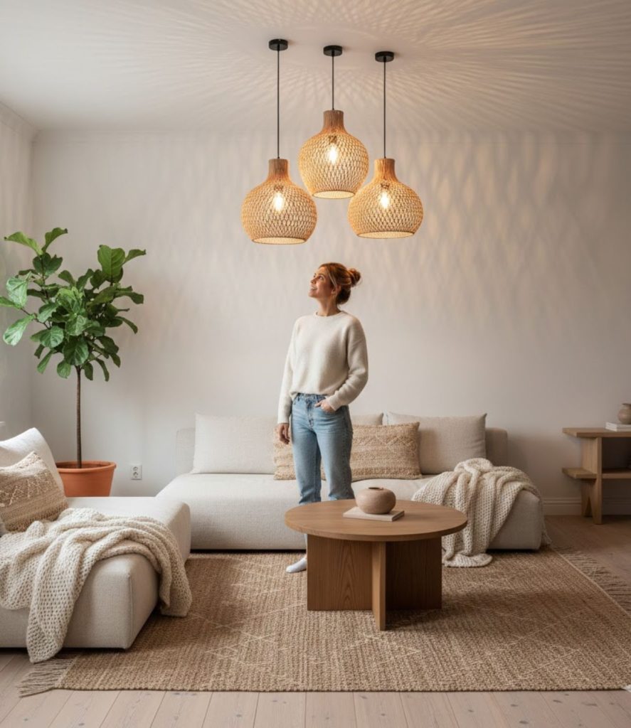Use Rustic Wood or Rattan Pendants for Organic Warmth