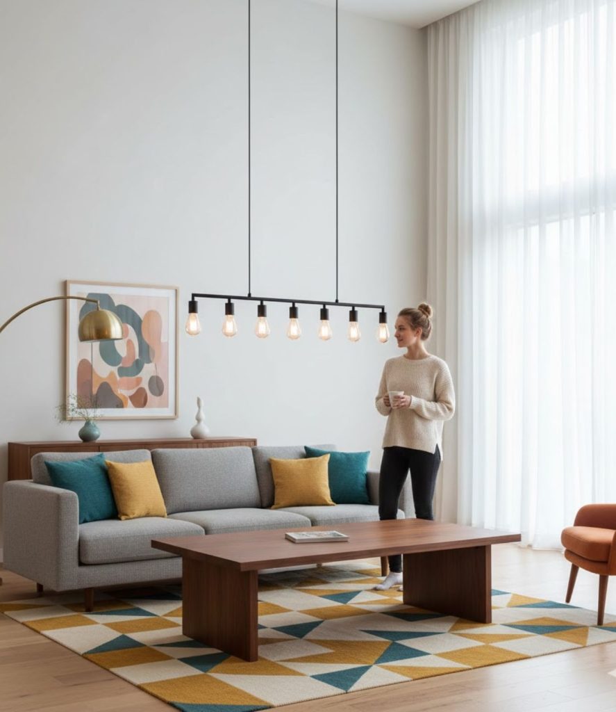 Use a Linear Pendant Above a Long Coffee Table