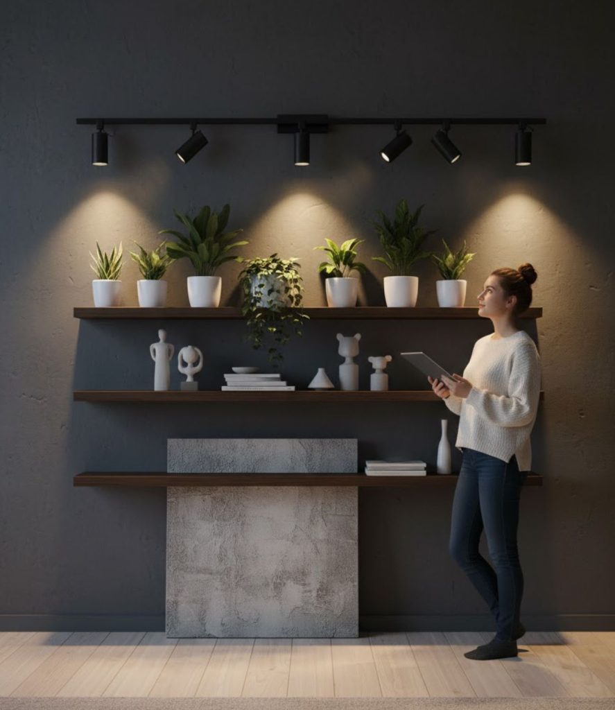 Wall-mounted track lighting for accenting décor