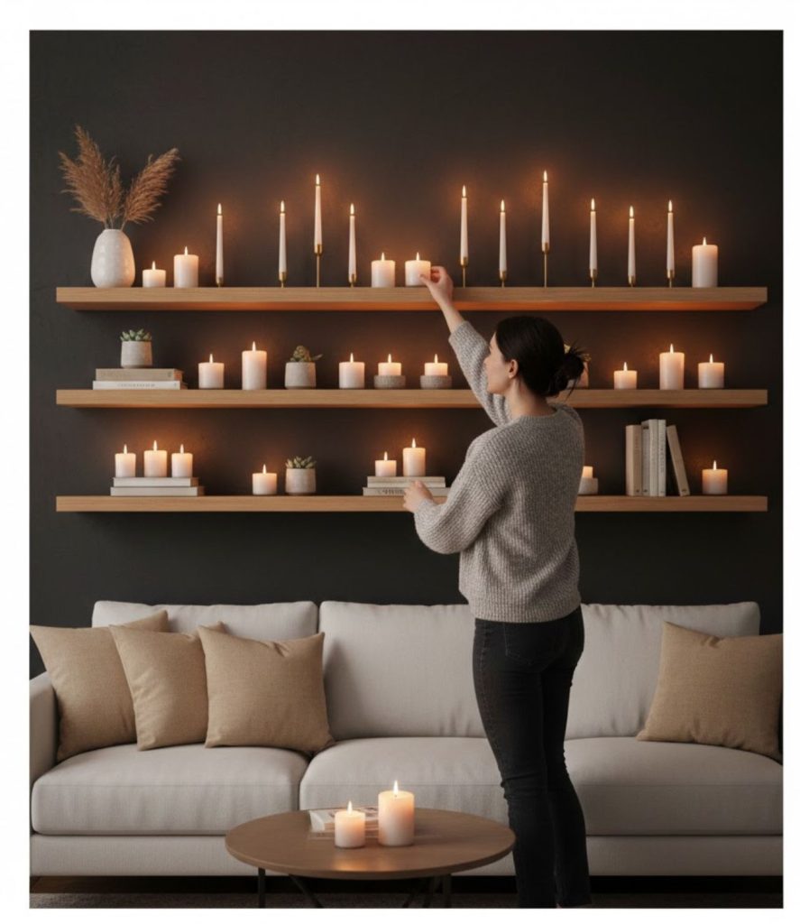  Living room candle lighting ideas with floating shelves