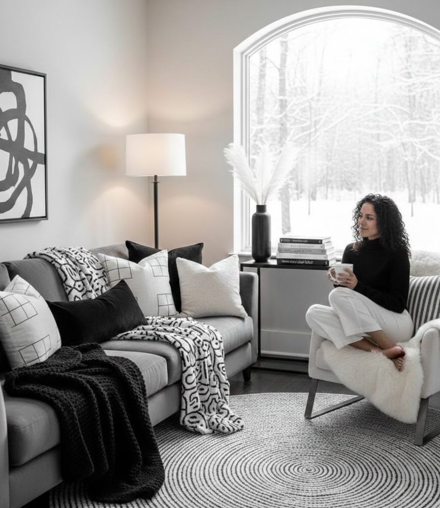 Black and white cushions and throws