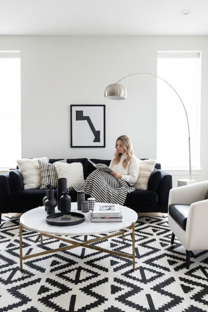 Black and white patterned area rug