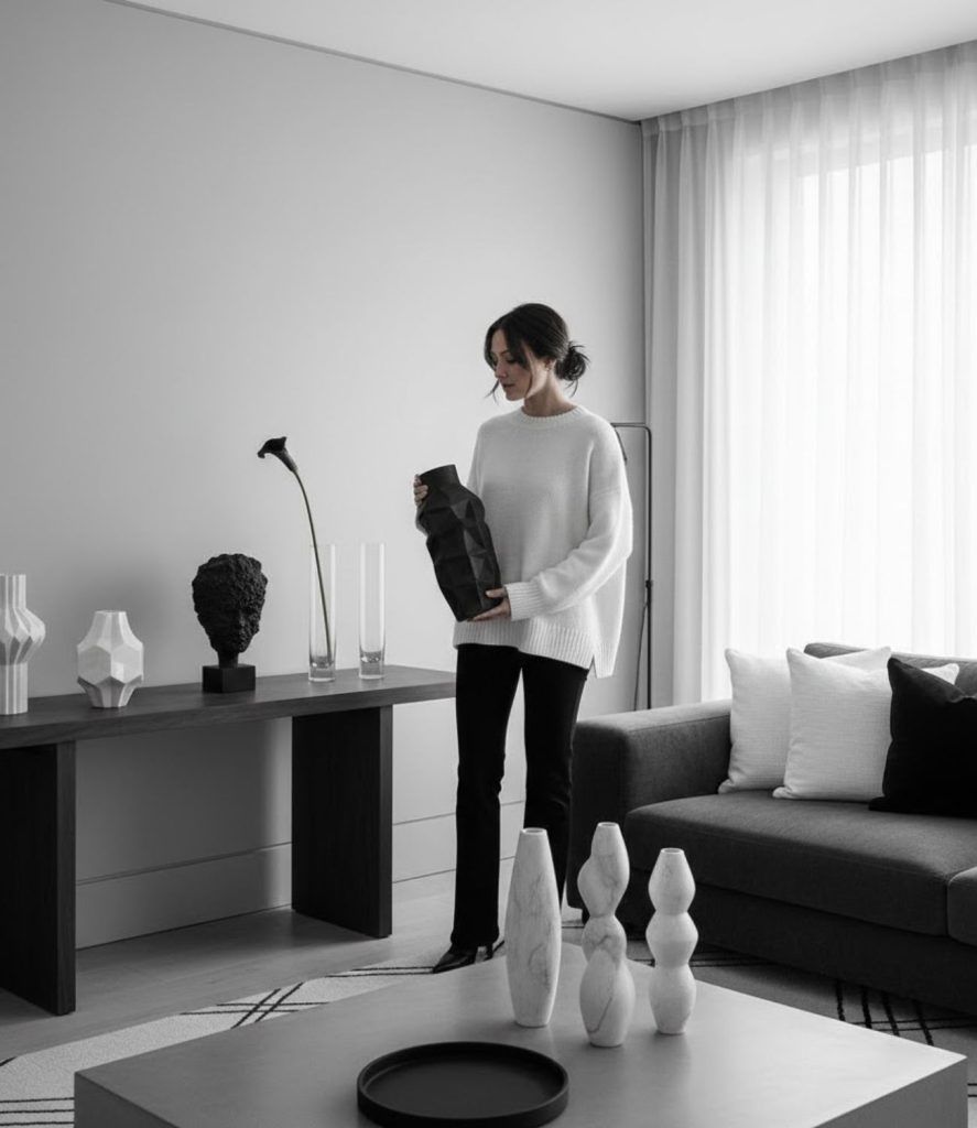 Black and white vases and sculptures