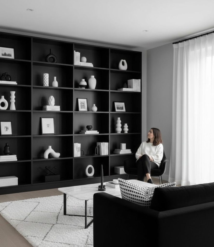 Black shelving units with white decor