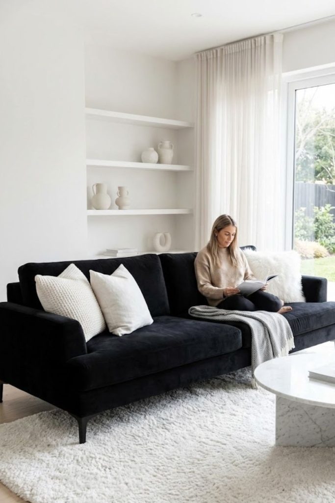 Black sofa with white accent pillows