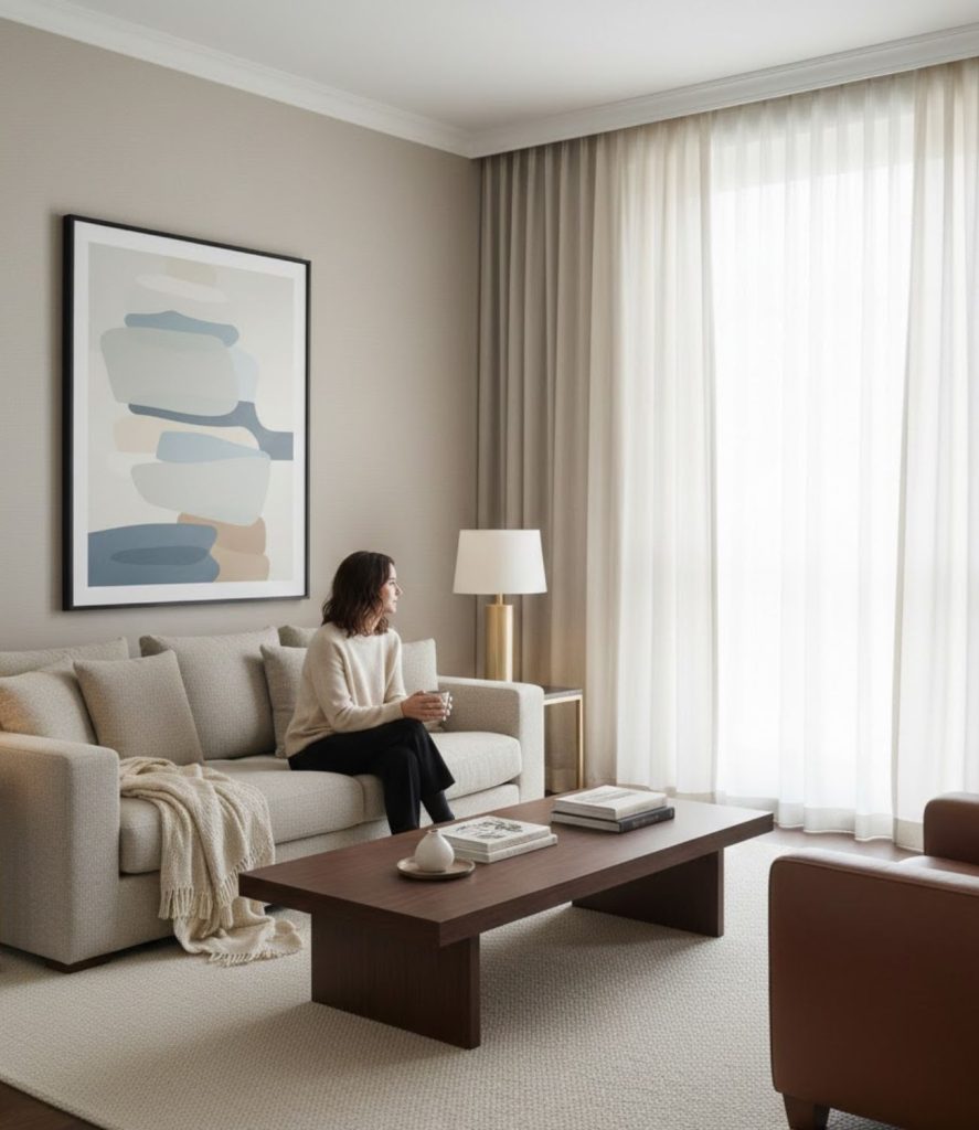 Modern Elegant Living Room with Soft Window Treatments