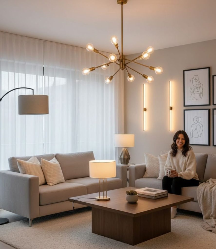 Modern Elegant Living Room with Statement Lighting