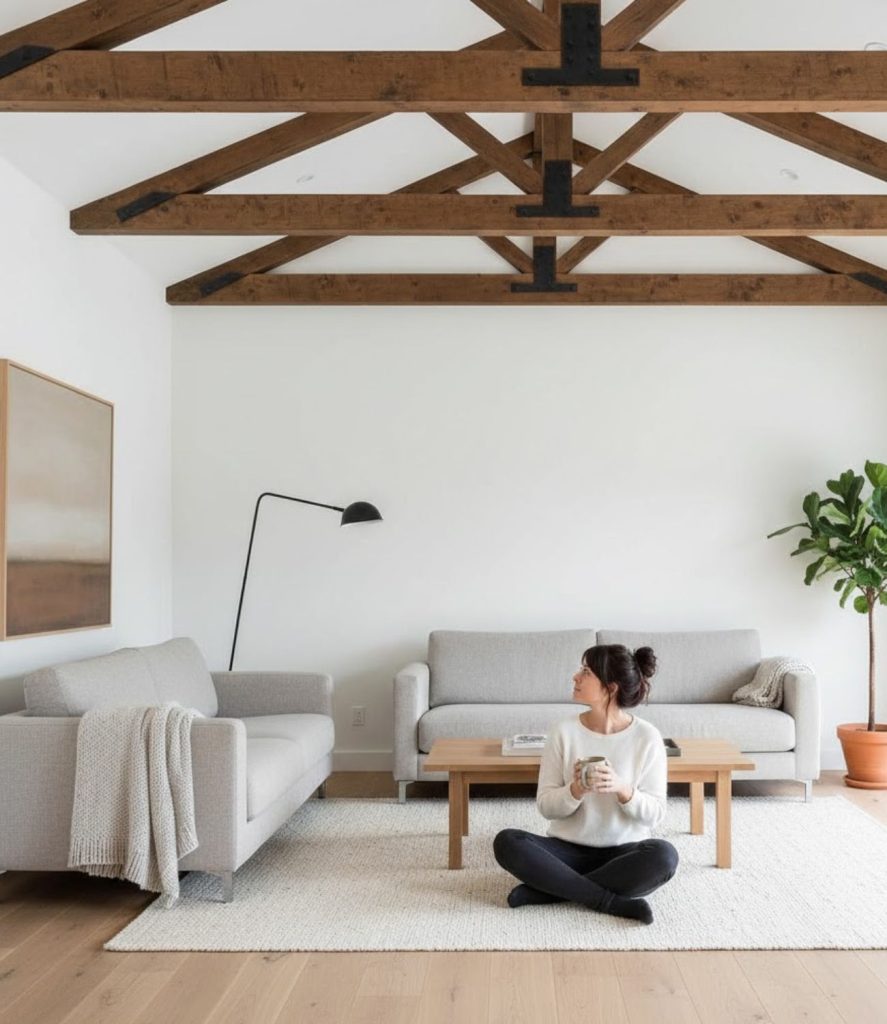 Modern Rustic Living Room with Exposed Wood Beams