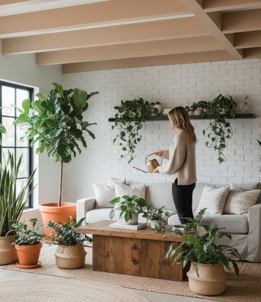 Modern Rustic Living Room with Natural Greenery