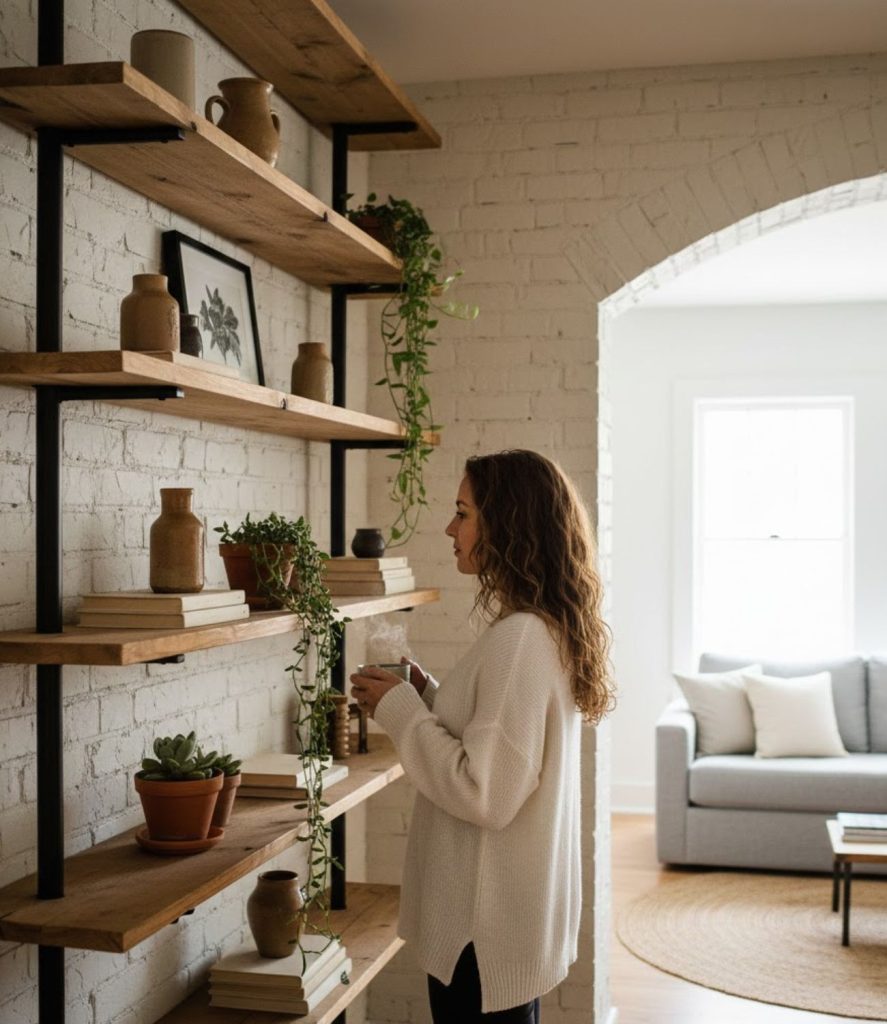 Modern Rustic Living Room with Open Shelving