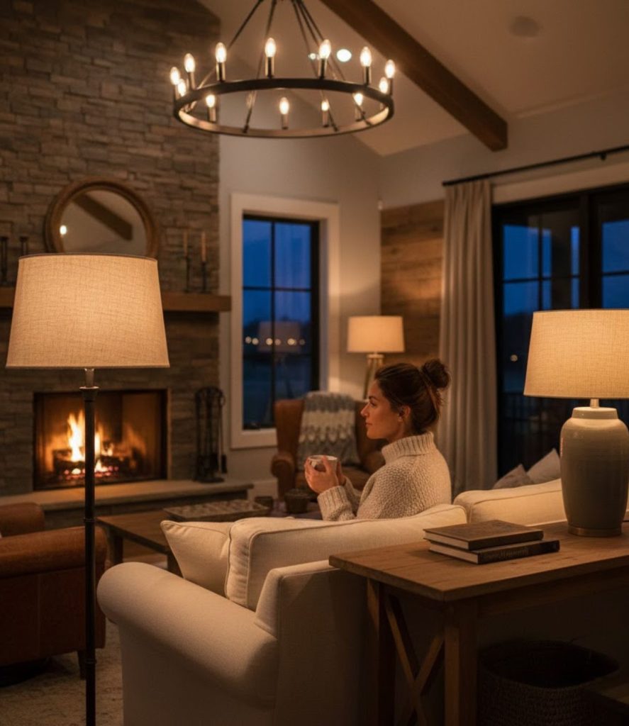 Modern Rustic Living Room with Soft Lighting