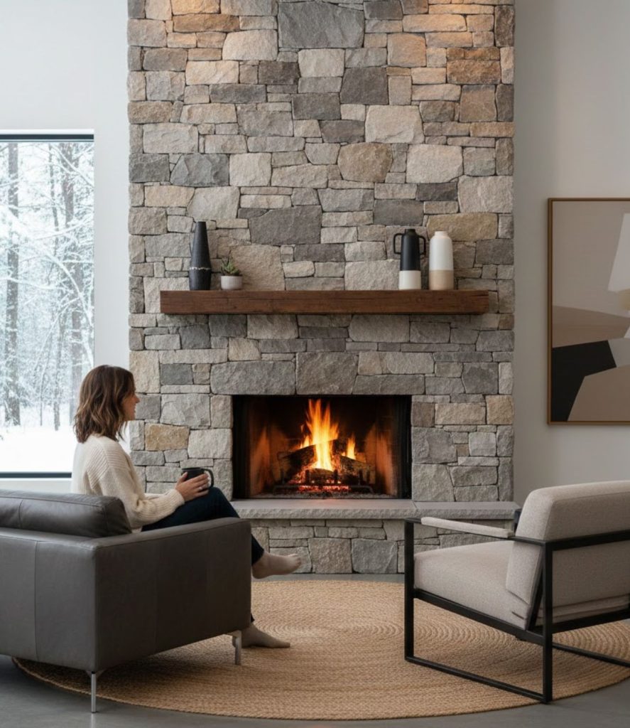 Modern Rustic Living Room with Stone Fireplace