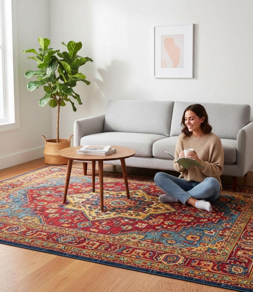 Use a Bold, Colourful Rug to Anchor the Room