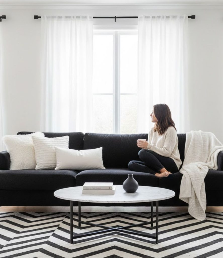 White curtains with black curtain rods