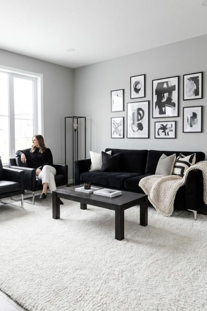 White rug with black furniture contrast