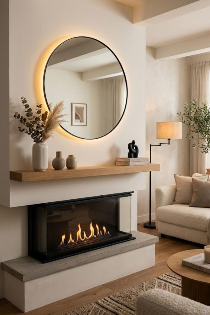 Backlit mirror above the fireplace for soft illumination